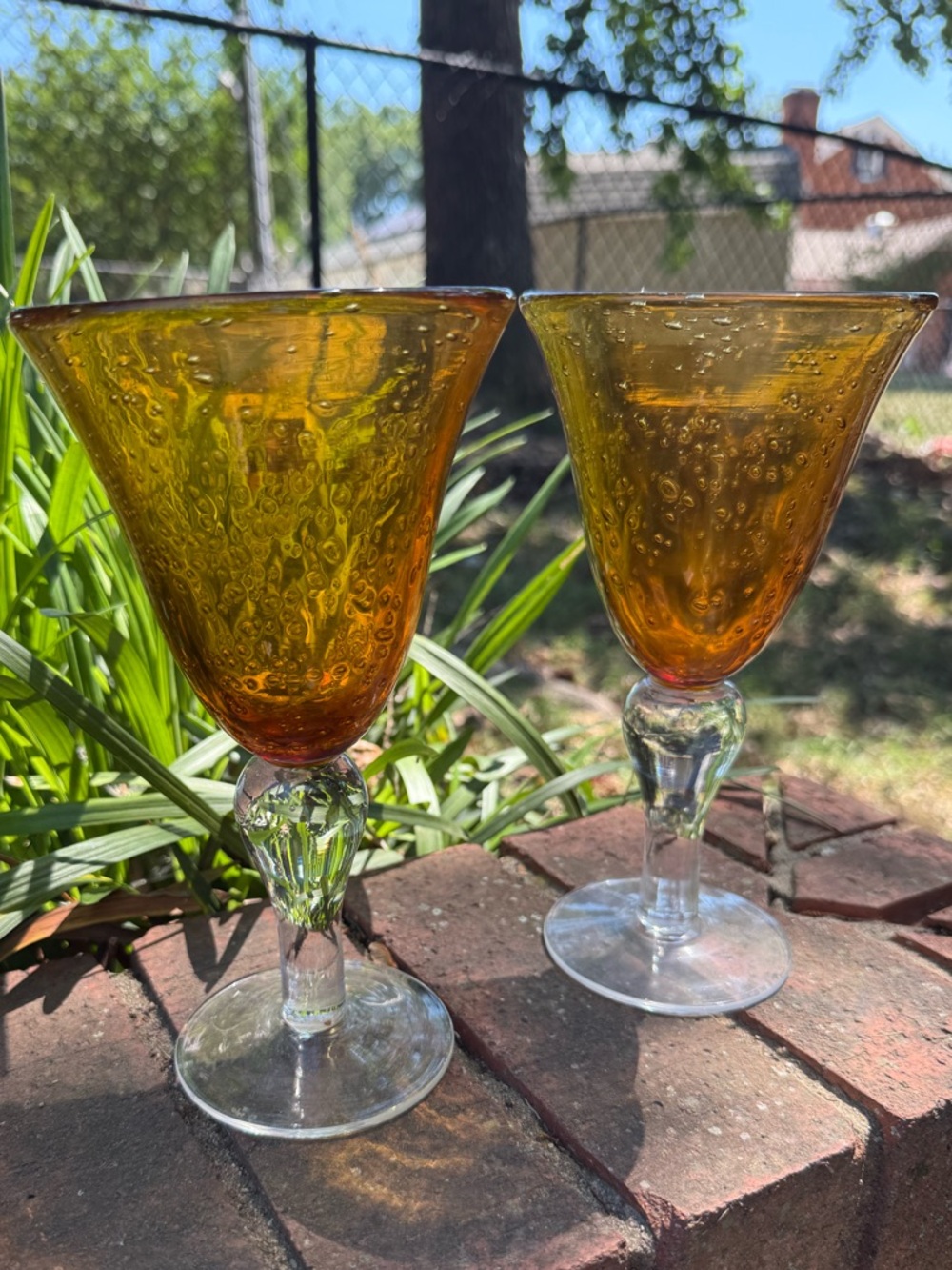Artland Iris Amber Water/Wine Goblet Hand Blown Bubble Clear Stem 8.25" Set of 2